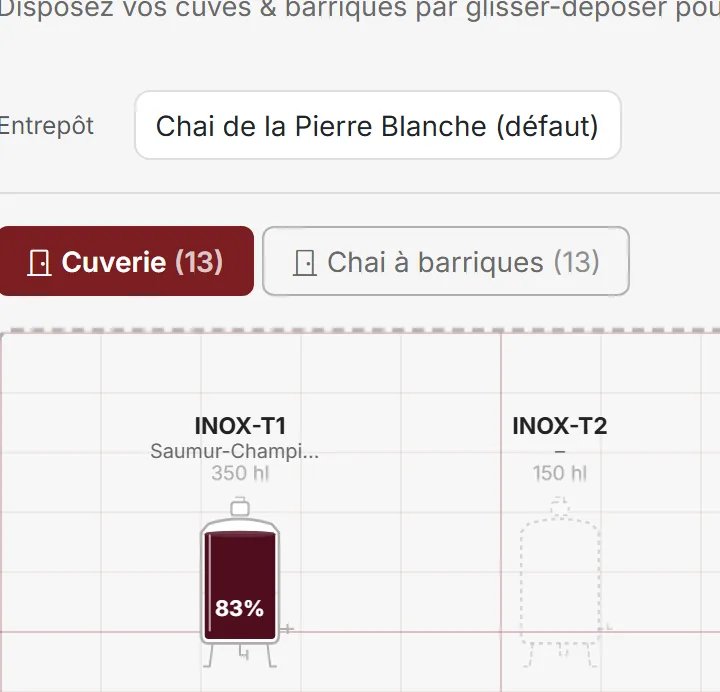 Plan de cave de Mon Chai : cuverie et chai à barriques, chaque cuve avec son taux de remplissage