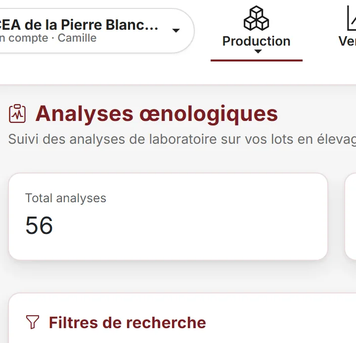 Analyses œnologiques dans Mon Chai : suivi des analyses de laboratoire sur les lots en élevage