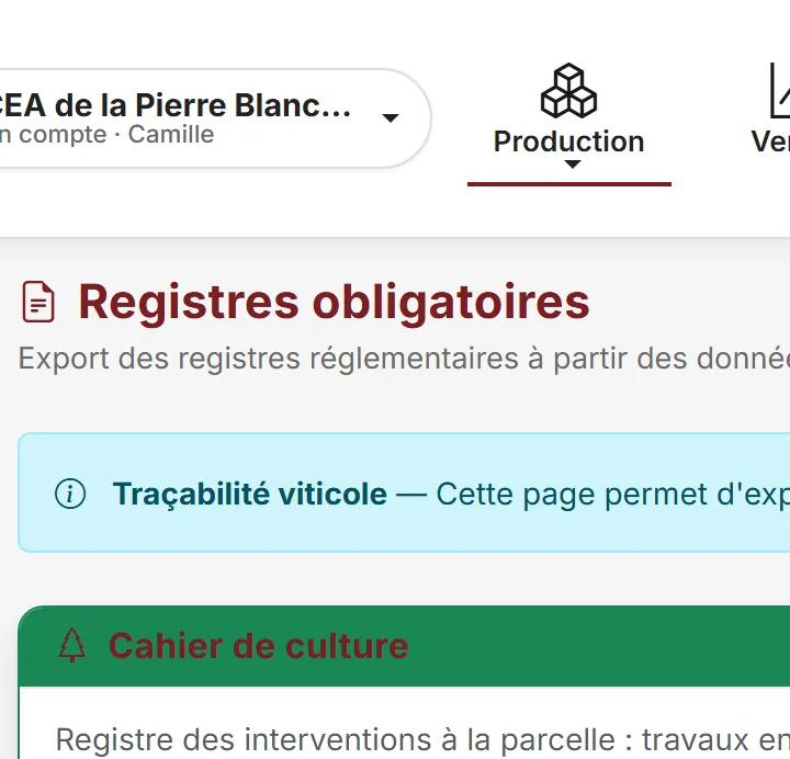 Registres obligatoires dans Mon Chai : traçabilité viticole et cahier de culture, exportables