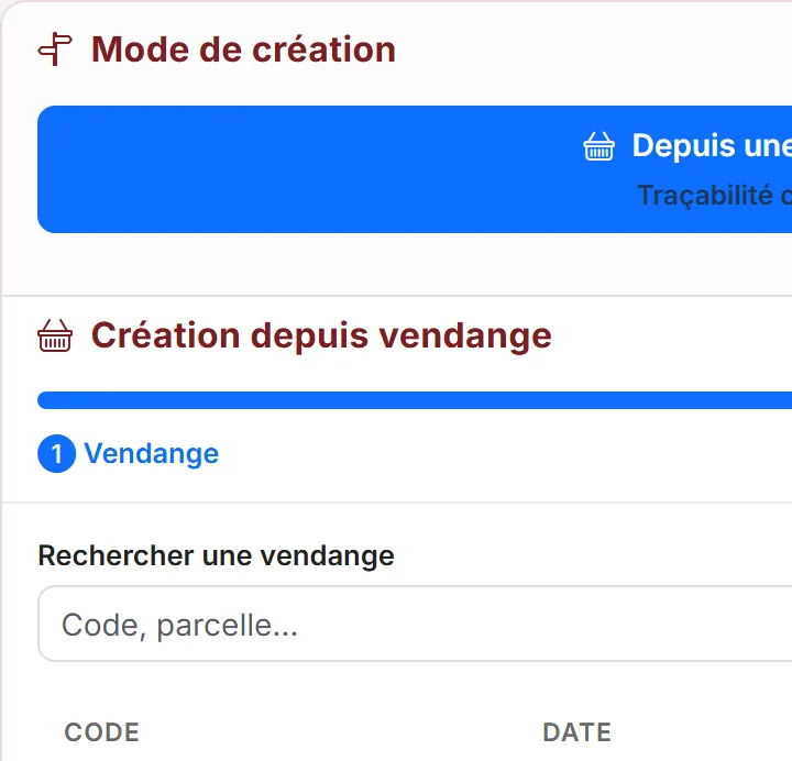 Assistant d'entrée en cave dans Mon Chai : création d'un lot depuis une vendange, étape 1 sur 3