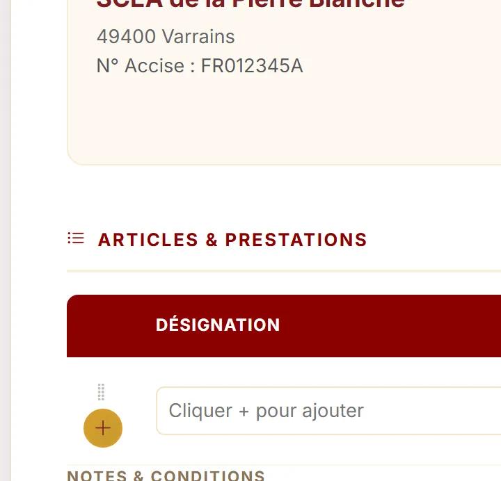 Éditeur de devis de Mon Chai : émetteur, articles et prestations, désignation et quantités