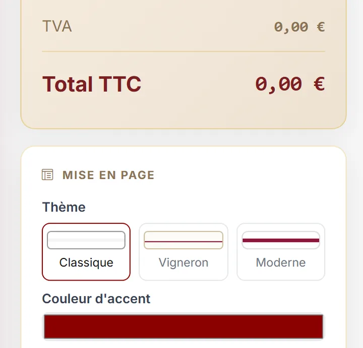Mise en page d'un devis dans Mon Chai : thème classique, vigneron ou moderne, et couleur d'accent