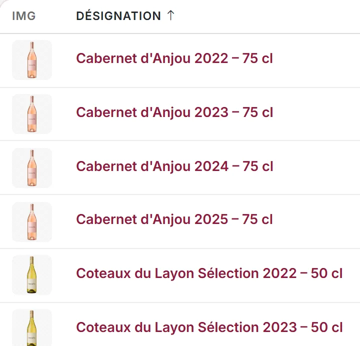 Catalogue produits de Mon Chai : bouteilles, millésimes et contenances du domaine