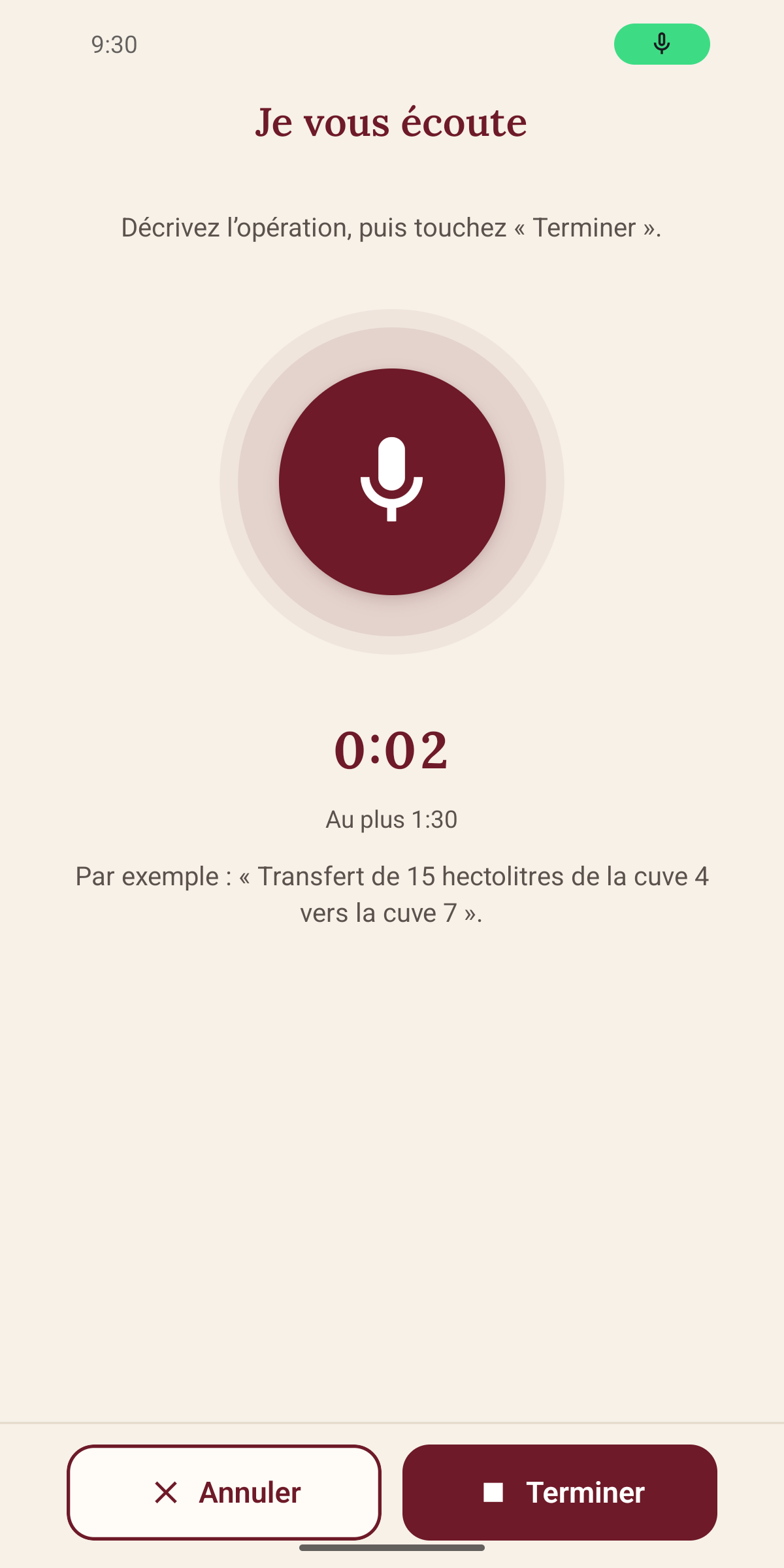 Dicter une opération dans Mon Chai Notes