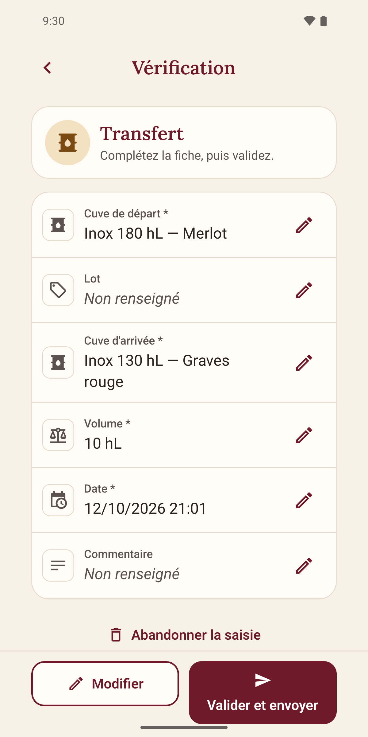 Fiche de transfert avec cuves, volume et bouton Valider et envoyer